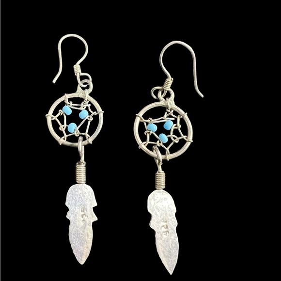 VTG 925 Sterling Silver Faux Turquoise Dream Catcher Feather Dangle Drop Earring - Picture 2 of 6